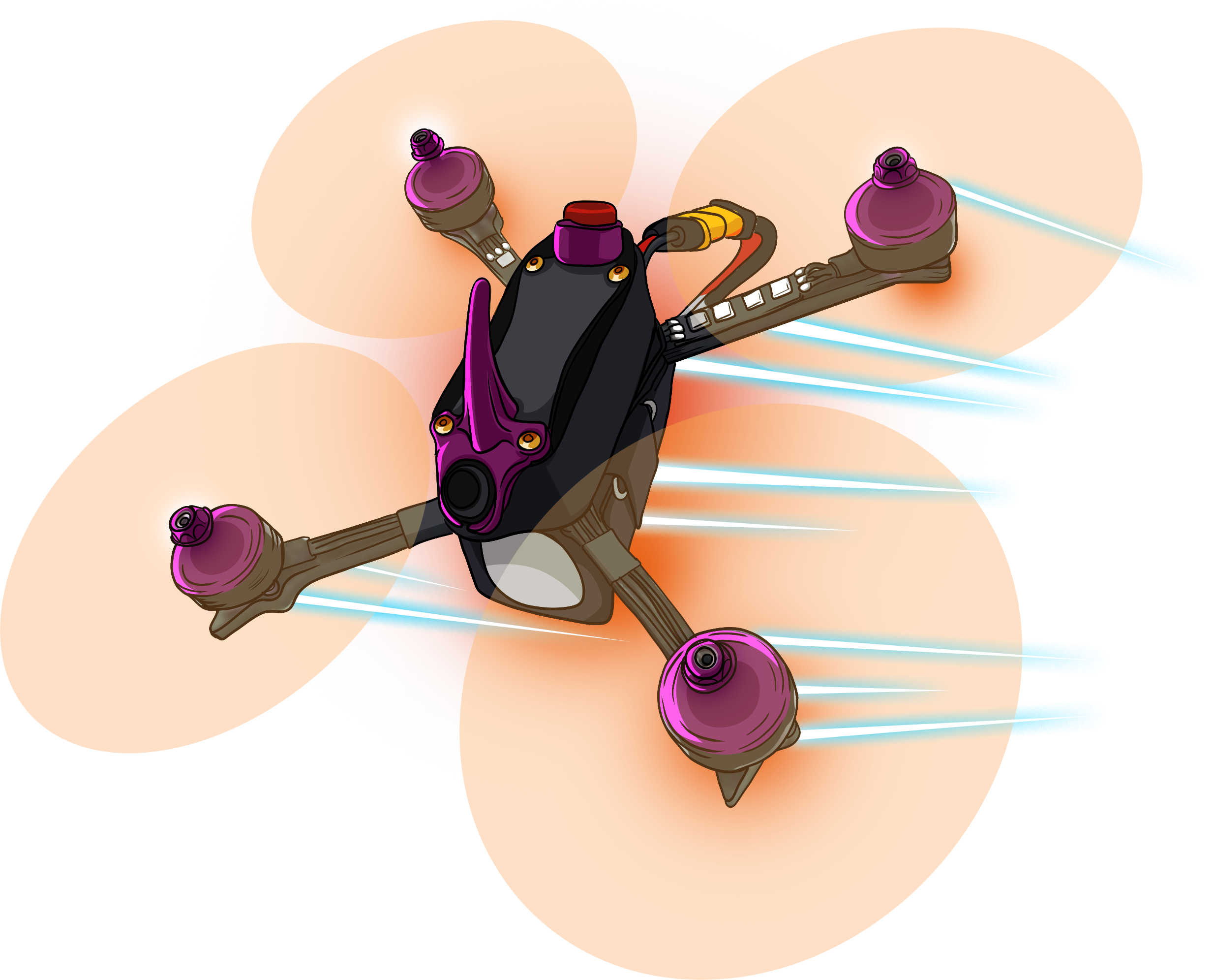 DFS-Barracuda-Frame 5 inch drawn FPV drone flying through the air with purple motor and fin