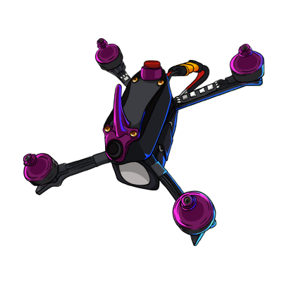 five-inch-no-prop Drawn FPV racer with purple motors and fins
